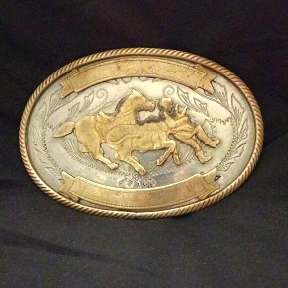 Other - Steer Wrestler German Silver Belt Buckle - Vintage 1960's